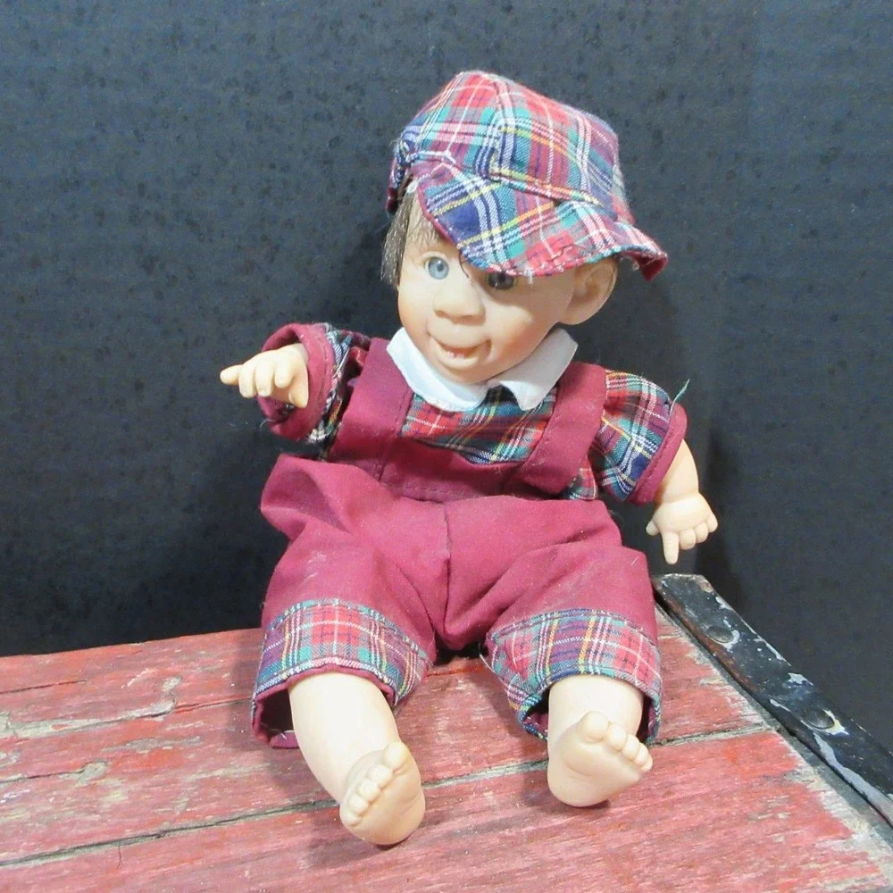 VTG GIGO My Pals Little Boy Doll Plaid Cap Overalls Smiling Blue Eyes 10.5